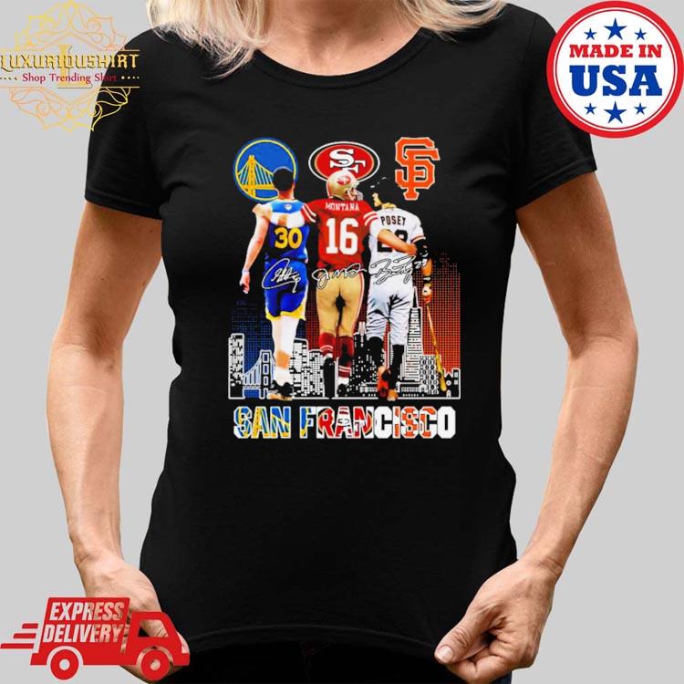 San francisco sports stephen curry Joe Montana and buster posey signatures  skyline 2023 T-shirt - Yeswefollow