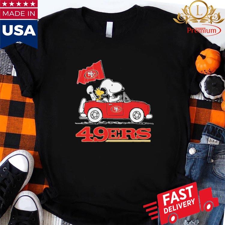 Snoopy And Woodstock San Francisco 49ers Driving Car 2023 shirt - Limotees